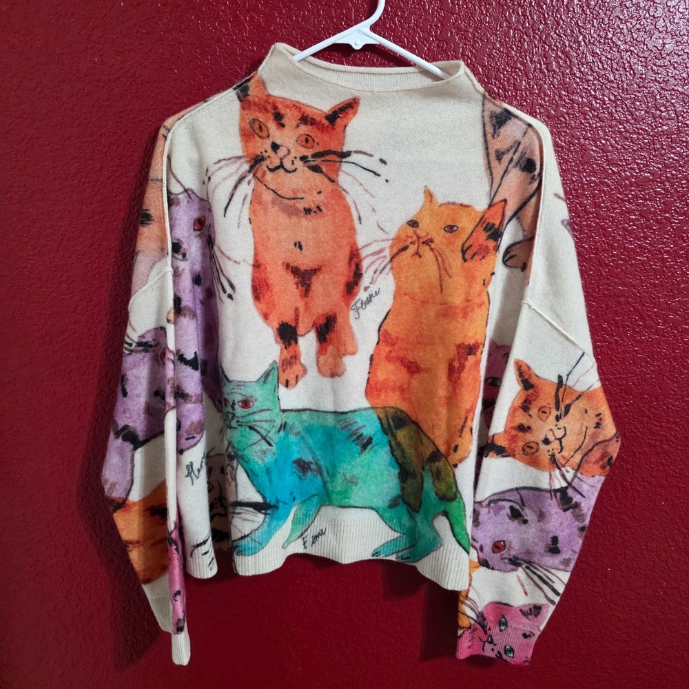Pilcro Women S Alani Cashmere Sweater Cream Multi Color Cat Print Mock Neck